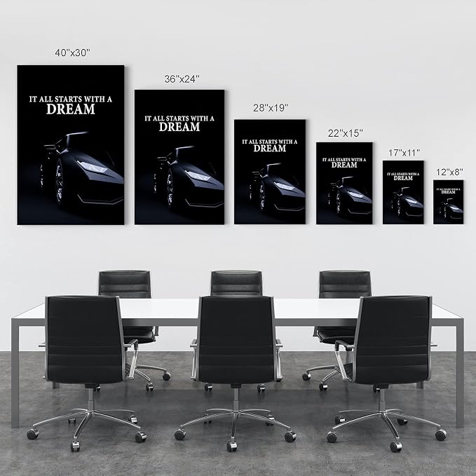 Smile Art Design It All Starts with a Dream Black Sports Car Luxury Motivational Wall Art Canvas Print Inspirational Wall Art Entrepreneur Quote Office Living Room Decor Gift Ready to Hang 36x24