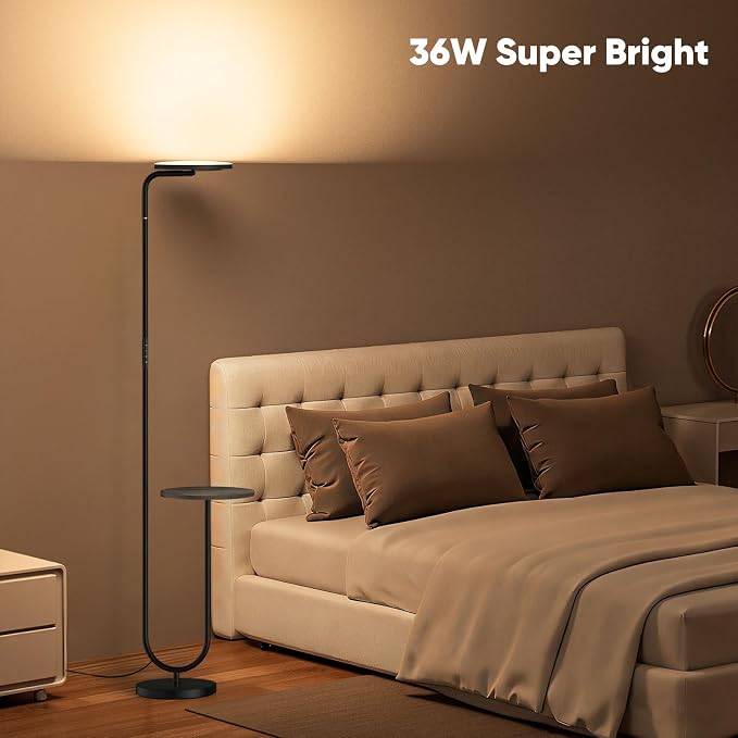 SIBRILLE 36W LED Floor Lamp with Table, Super Bright Standing Lamp, Modern Stepless Dimmable Torchiere Tall Lamp with Remote Control, 350°Rotating Head Floor Lamp for Living Room, Bedroom, Office