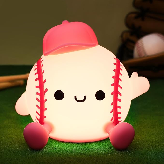 Attivolife Softball Night Light for Girls, Silicone LED Touch Lamp Rechargeable Nursery Bedroom Bedside Decor, Birthday Valentine's Day Gifts for Kid Girl Women Sport Lover
