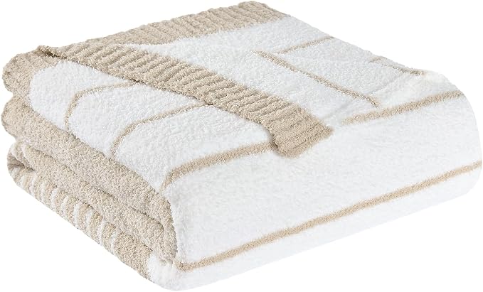 Soft Striped Throw Blanket for Couch, Cozy Warm Knitted Blankets | Lightweight Fuzzy Travel Warm Decor for Women, Mom, Girls, Sofa, Chair, 50x60in, Taupe White