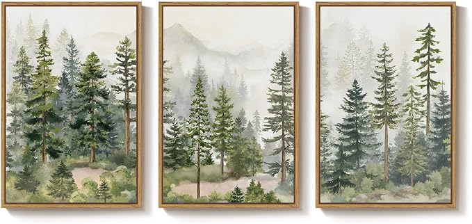 Large Framed Green Forest Landscape Wall Art for Living Room, 24x36 Inch | 3 piece, Nature, Pine tree, Woodland, Foggy mountain, Scenic, Pine tree print, Modern, Minimalist, Bedroom decor, Home office