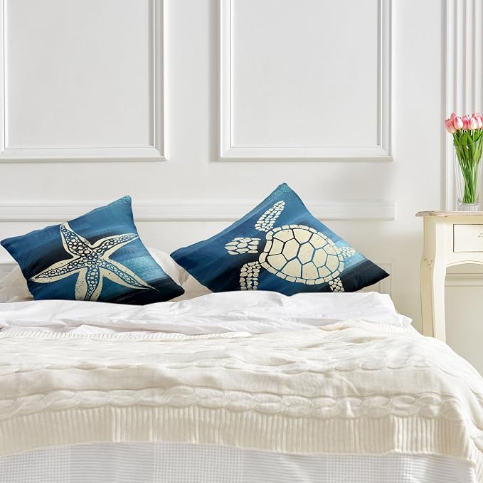 Coastal Starfish Throw Pillow Cover 24x24 in 2 Pcs Modern Farmhouse Pillow Covers Ocean World Sea Turtle Cushion Cover Cotton Blend Home Decor for Room Sofa Bed Outdoors