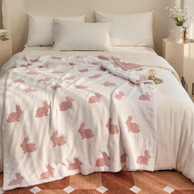 Ultra Soft Cozy Happy Easter Rabbits Knitted Throw Blanket Fluffy Microfiber Checkerboard Bed Blanket Lightweight Both Sides Blanket for Couch Sofa Bed… (Rabbit Pink, Throw 50“x60”)
