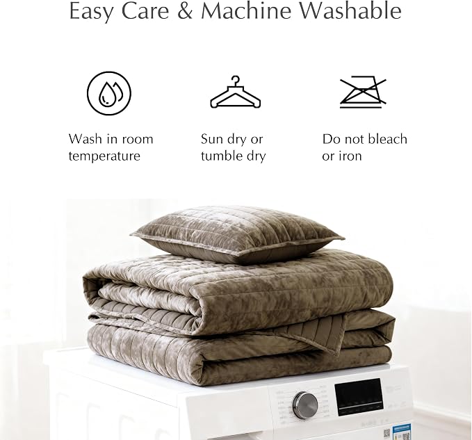 WRENSONGE Velvet Quilt Set King Size- Taupe Quilt Bedding Set with 2 Shams | Lightweight Luxury Velvet Comforter, Modern Bedspread Coverlet for All Seasons