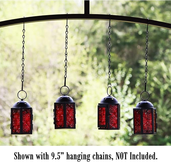 VELA LANTERNS Mini Moroccan Tea Light Candle Holder Lanterns – 4.25" Small Decorative Lantern for Table or Hanging, Metal with Glass Panels – Ramadan, Wedding, Home Decor, Ruby Red (Set of 4)