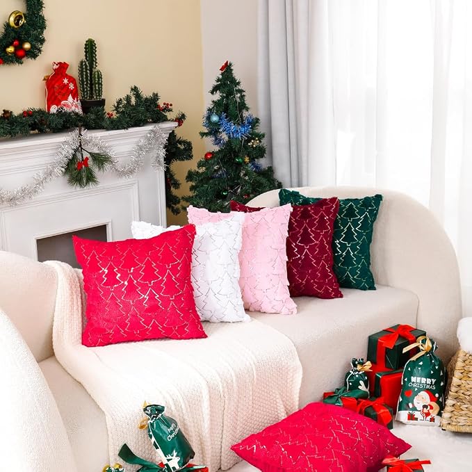 VAKADO Christmas Throw Pillow Covers 24x24 Set of 2 Embroidered Decorative Xmas Cushion Cases Holiday Soft Home Decor for Bedroom Sofa Chair Porch Winter, Pink