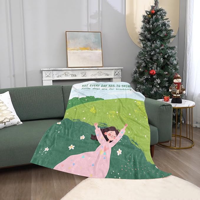 Inspirational Blanket Gifts, Soft Cozy Fleece Throw Green Blanket for Self-Care, Mental Health Gift for Women Men Friend, Relaxing Home Decor for Couch Bed