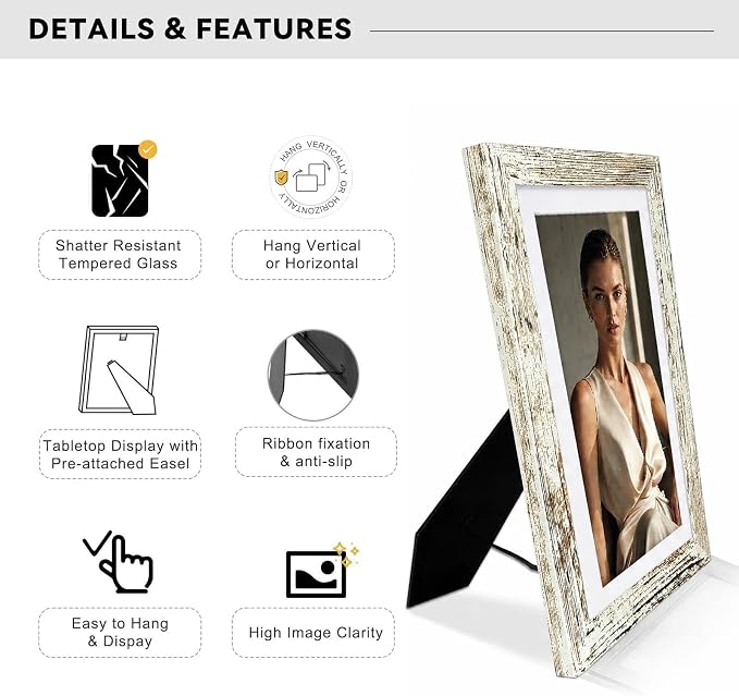 5x7 Picture Frame-Vintage White,4x6 Mat,Tempered Glass,Engineered Wood