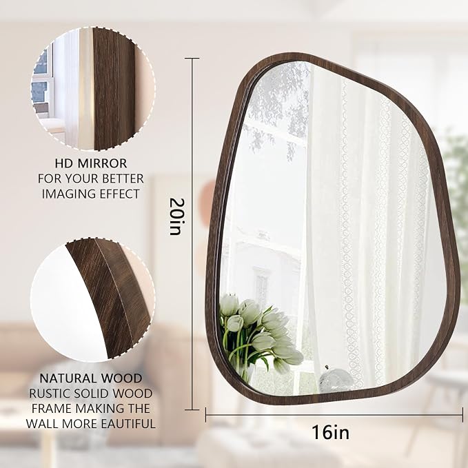 Irregular Asymmetrical Mirror Wall Mounted, Unique Vanity Mirror, Shaped Dressing Mirror Decorative for Living Room, Bathroom, Bedroom, Entryway Wall Decor Brown 20"x16"