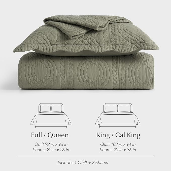 EverGrace 100% Cotton Scallop Quilt Set, King Size, Olive Green | Scalloped Border, Timeless Chic Aesthetic, All-Season Comfort, Perfect French Country Bedroom Decor, 3 Piece Set with 2 Shams