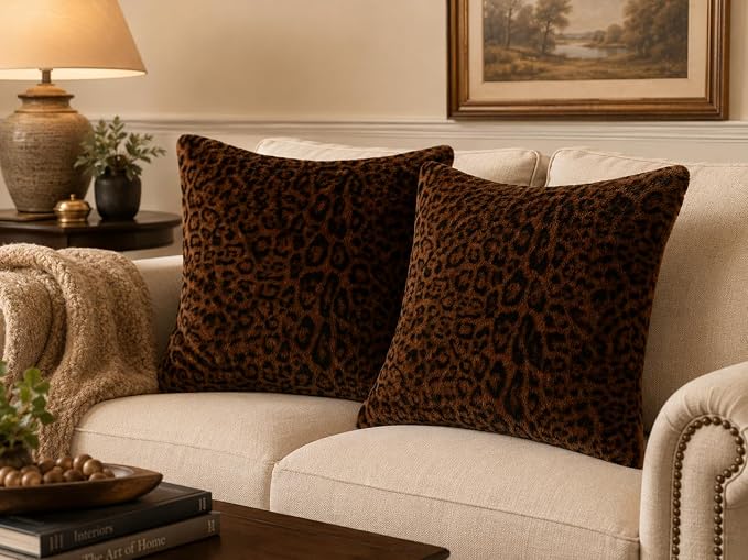 cygnus Dark Brown Leopard Pillow Covers | Soft Faux Fur Cheetah Print Pillowcase 18x18 inch, Animal Decorative Throw Pillow Covers for Couch Sofa Bedroom