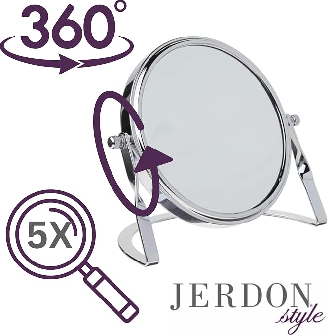 JERDON 5.5" Tabletop Makeup Mirror - 5X Magnification - Chrome - MC113C | Two-Sided 1X View, 5.75" Tall
