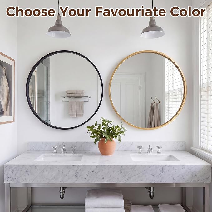 NEWBULIG 30 Inch Round Wall Mirror, Bathroom Mirrors for Over Sink, Matte Metal Framed Circle Vanity Mirror, Wall Decor for Bedroom, Anti-Rust, Tempered Glass, Hanging or Leaning, Classic Black