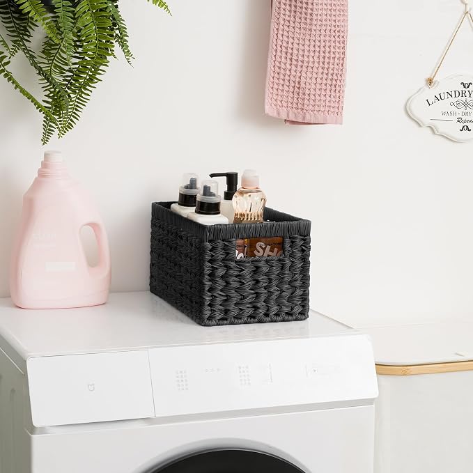 GRANNY SAYS Black Wicker Basket,Decorative Woven Baskets for Storage,2-Pack | Waterproof Plastic Black Baskets for Shelves,Storage Basket Organizer,Wicker Storage Basket for Organizing,Black Woven Basket