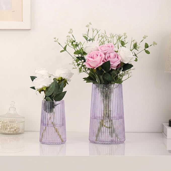 Ribbed Flower Vases Set of 2, Purple Vases for Flowers, Flower Vase for Bouquet, Modern Ribbed Glass Vase for Living Room, Bedroom, Dining Table, Office, Wedding, Centerpieces