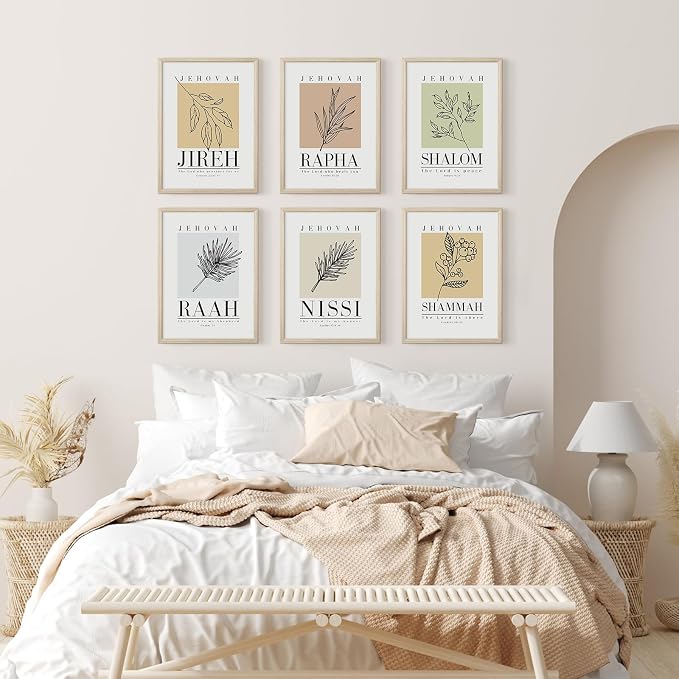 Bible Wall Art Print Set of 6 Christian Scripture Wall Art Decor Jehovah Jireh Rapha Shalom Shammah Nissi Raah Wall Art Bible Verse Poster Modern Minimalist for Bedroom Home 8x10 Inch Wood Framed