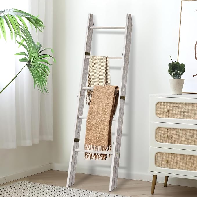 XLHOMO 5-Tier Wooden Blanket Ladder, 63" Rustic Leaning Blanket Rack for Living Room, Decorative Quilt and Towel Holder for Bedroom Bathroom Farmhouse Home Decor, White