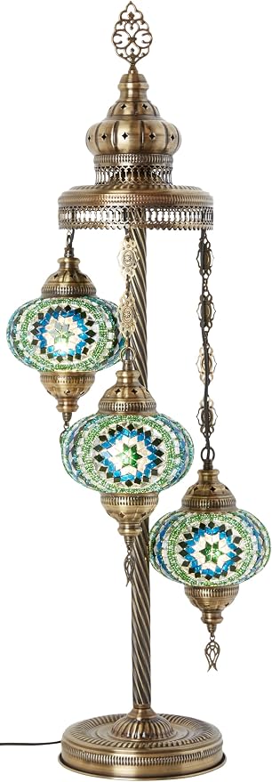 DEMMEX Turkish Moroccan Mosaic Floor & Table Lamp – Handmade Boho Tiffany-Style Light, 3 Large 7" Globes, 37" (95cm) Tall, Antique Brass Finish, North American Use (Turquoise-Blue-Green)