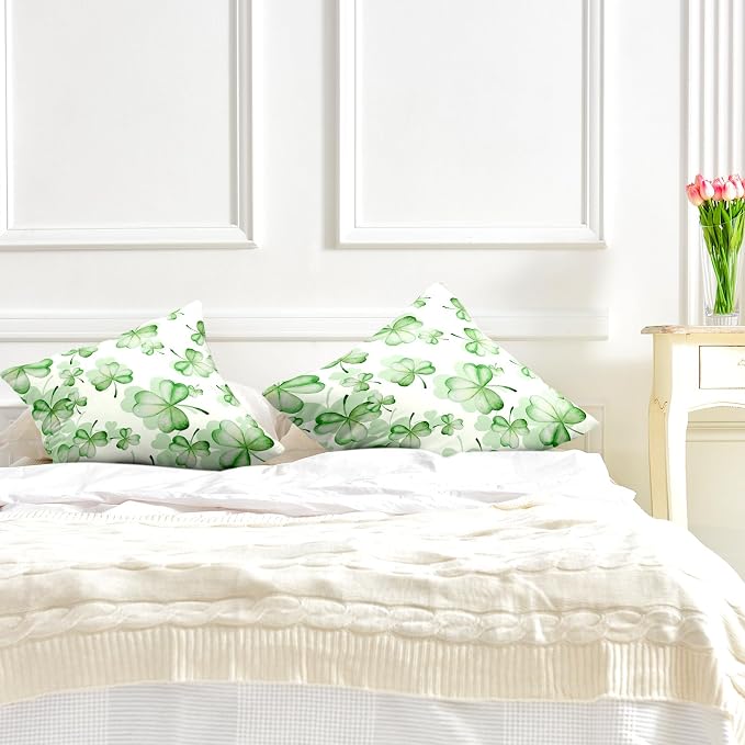 St Patricks Pillow Covers 16x16 Green Shamrock Flower Pillows Cases New Year Pillow Covers St Pattys Decorations Cotton Blend for Indoors Couch Bed Living Room in 2 Pcs