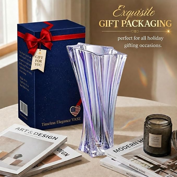 Crystal Glass Vase – Heavy Crystal Vase for Flowers with Weighted Bottom, Thick Durable Decorative Vases for Modern Home Decor, 9.8″ 3.5lb Clear Centerpiece (Rainbow-Colored X 2)