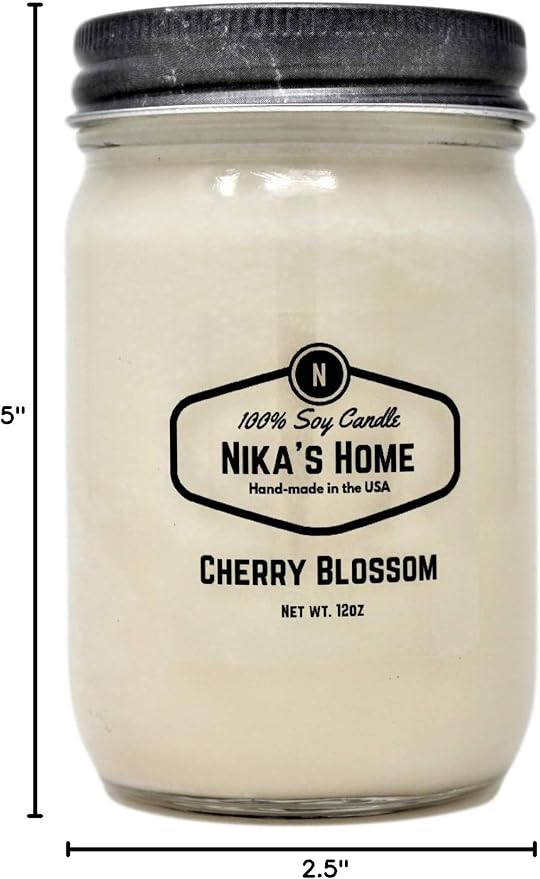 Nika's Home Cherry Blossom Soy Candle - 12oz Mason Jar - Non-Toxic - Hand Poured in The USA, Long Burning 50-60 Hours Highly Scented All Natural, Clean Burning