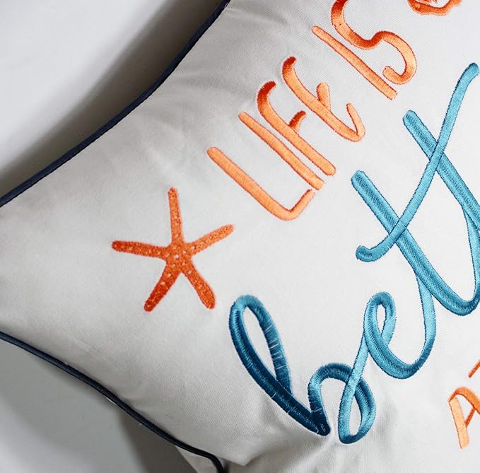 Embroidered Life is Better At The Beach Throw Pillow Cover,Square 18 inches Decorative Canvas Pillow Cover with Life is Better At The Beach Pattern,Cover Only