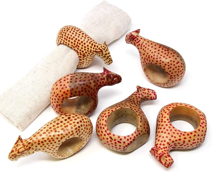 Global Crafts KWF012_C - Handcarved Mahogany Wooden Napkin Ring Holders - Cheetah, Set of 6