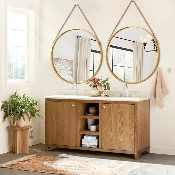 Hanging Circle Mirror Farmhouse Gold Round Hanging Wall Mirror Artistic with Rope for Bathroom Bedroom Vanity Living Room Entryway 28"