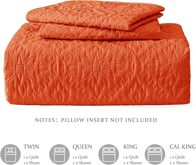 Exclusivo Mezcla California King Quilt Set, Orange | Lightweight Soft Bedspreads Coverlets, All Season Bedding with 2 Pillow Shams, Modern Style for Bedroom Guest Room