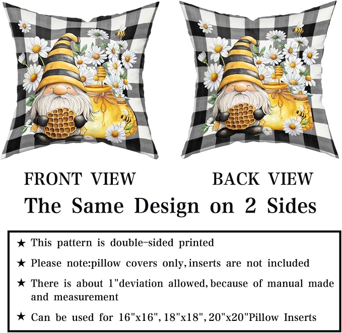 Giwawa 2PCs Bee Gnomes Pillow Covers 20"x20" Spring Daisy Summer Honey Elf Square Pillowcases Black White Buffalo Plaids Cotton Throw Cushion Covers for Sofa Couch Patio Porch Decor