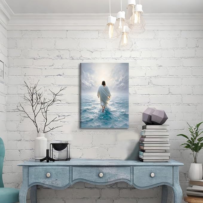 AUUAUU Jesus Walks on Water Wall Art Christian Canvas Painting 16x24 Inch | Religious Picture Canvas Prints Bible Stories Artwork Wall Decor for Living Room Bedroom Prayer Room Ready to Hang
