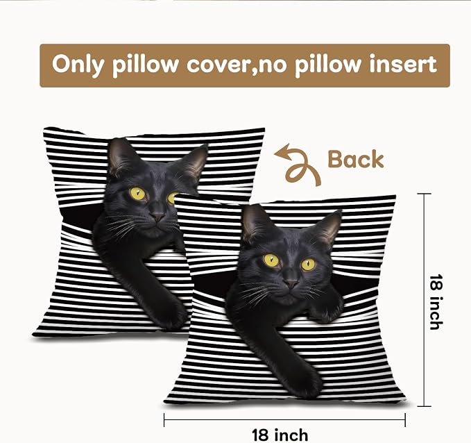 Funny Moody Black Cat Pillow Covers 18x18, Cat Room Decor, Whimsical Kitten Black and White Striped Decorative Throw Pillow Covers Pillowcases for Bedroom Living Room Home Decor