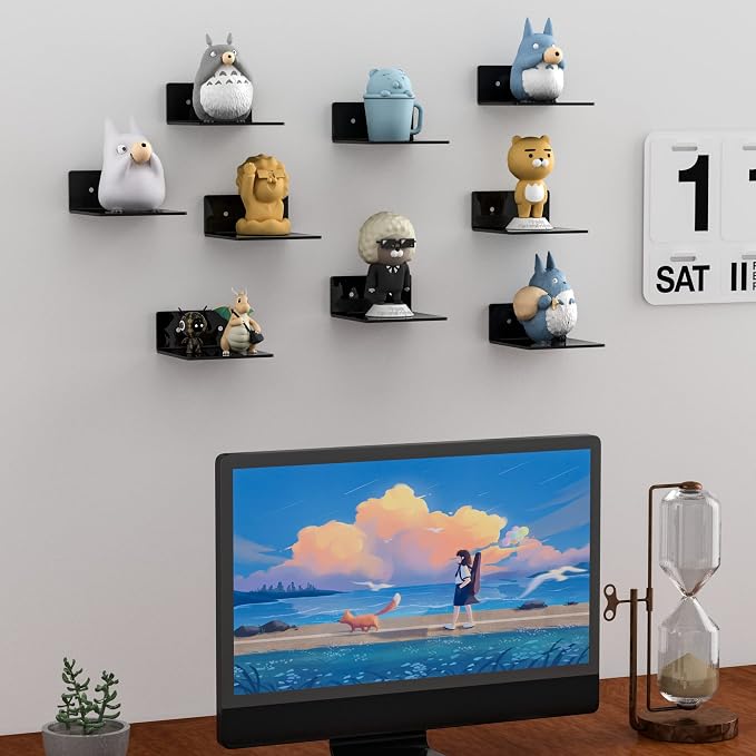 Sezanrpt 6 Inches Acrylic Small Wall Shelves 2 Pack, Floating Shelf for Wall Mounting, Acrylic Display Ledges for Funko Pop Figures, Home Décor, Living Room, Gaming Room, Plants(6 inch, Black)