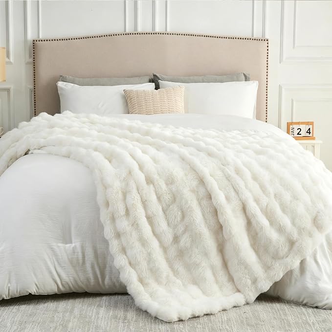 NEWCOSPLAY Faux Fur Fluffy Bubble Twin Blanket for Couch, Ivory, 60"x80" | Soft Thick Warm Bubble Blanket for Couch Sofa Bed 550GSM, Plush Cozy Luxury Decorative Throw, Gift for Women Men