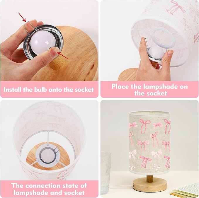 WSYEAR Daughter Gifts Bow Kids Table Lamp for Bedroom Kids Bedside Lamp with Linen Wooden Nightstand Cartoon Nursery Lampshade for Girls Living Room