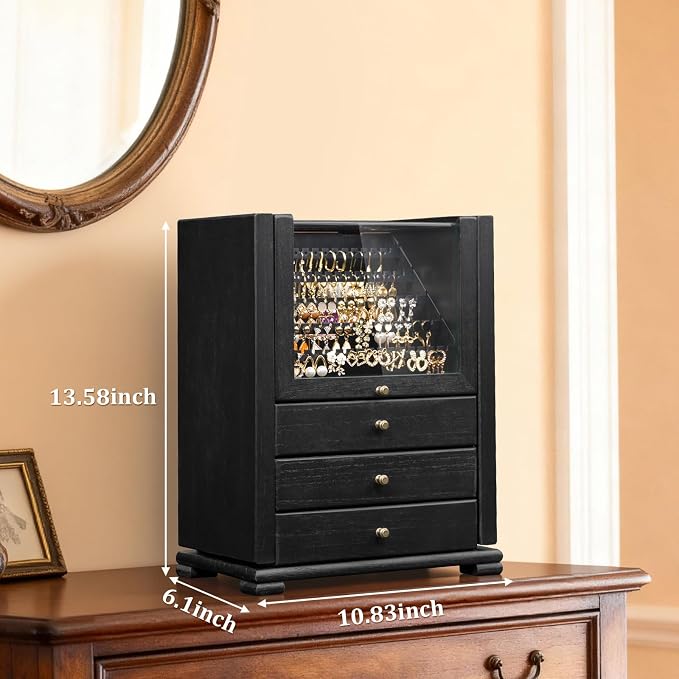 Jewelry Box Organizer, Rustic Wooden Jewelry Boxes for Women Girls, Large Storage Earring Holder Organizer Display for Earrings Necklaces Rings Bracelets (Black)