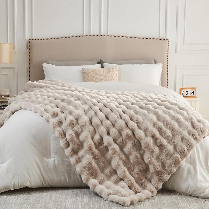 NEWCOSPLAY Faux Fur Thick Bubble Throw Blanket for Couch, Linen, 50"x60" | Luxury Fluffy Thick Warm Bubble Blanket for Couch Sofa Bed 1000GSM, Soft Plush Cozy Decorative Throw, Gift for Women Men