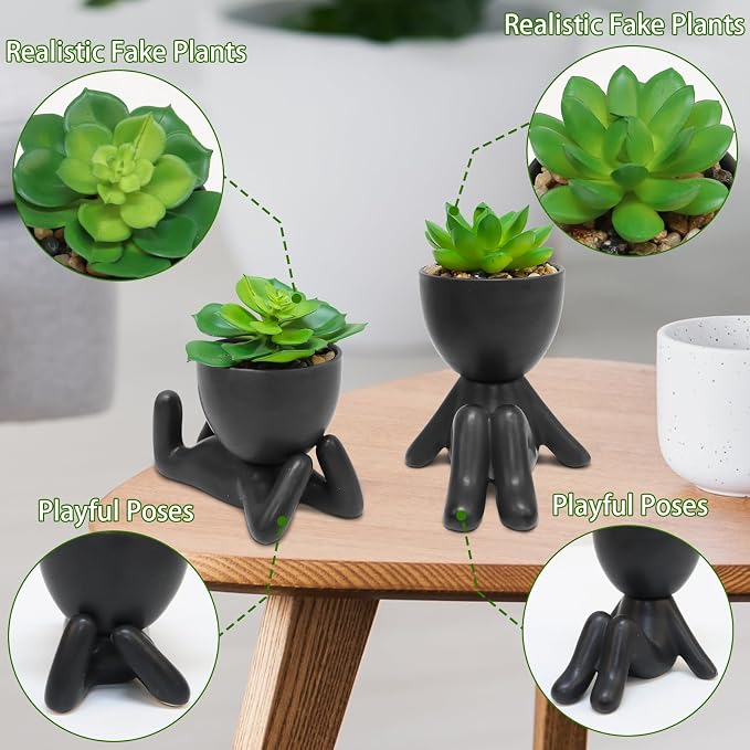 Zerzsy 2PCS Cute Artificial Succulent Plants with Black Human Shaped Pots, Fake Succulents Desk Decor Plant, Mini Potted Planter for Office Decor Desktop Bathroom Decor