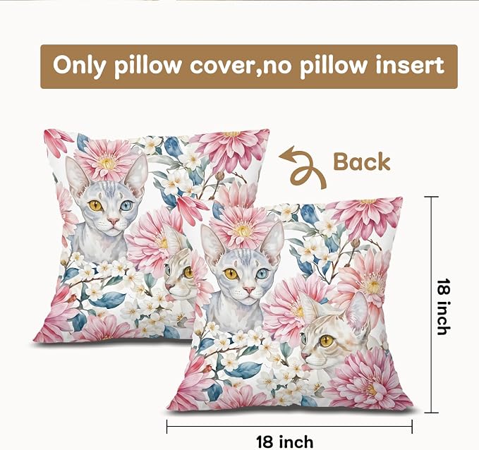 Vintage Pink Floral Cat Pillow Covers 18x18, Cottagecore Room Decor, Retro Chrysanthemum Flower White Cat Decorative Throw Pillow Covers Pillowcases for Bedroom Living Room Home Decor