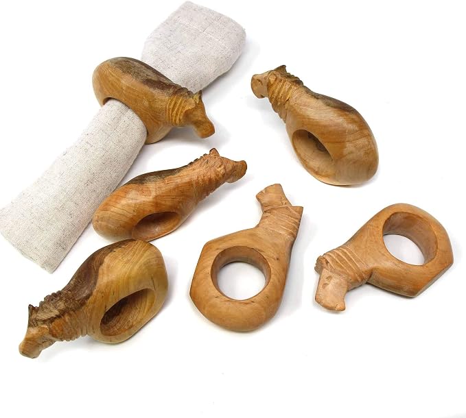 Global Crafts Handcarved Mahogany Wooden Napkin Ring Holders, Lion, Set of 6 (KWF012_L)