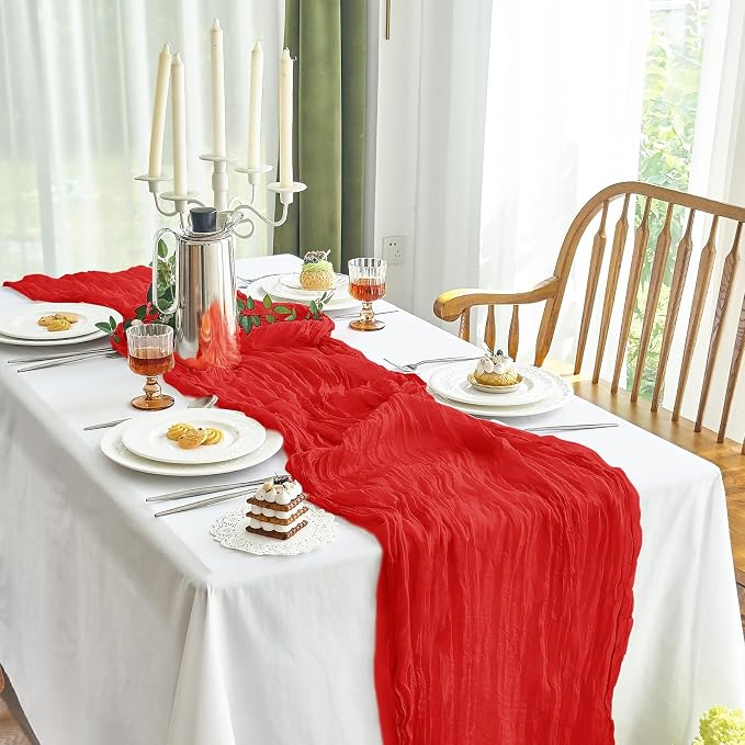 IVAPUPU Red Table Runner 120 Inches for Wedding Birthday Party Home Decor | 2 Pcs Boho Gauze 10FT Cheesecloth Table Runners for Baby Shower Decorations Summer Garden Farmhouse