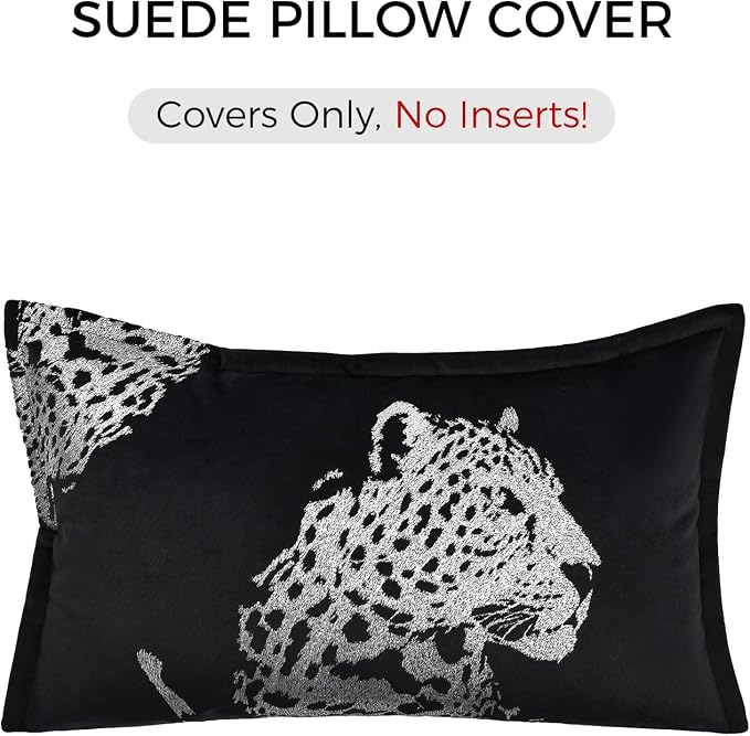 Velvet Lumbar Pillow Covers 12x20'' inches, Handmade Embroidered Cheetah Face Throw Pillow Case, Luxury Soft Decorative Cushion Cover for Sofa Bed Couch Living Room(Silver)
