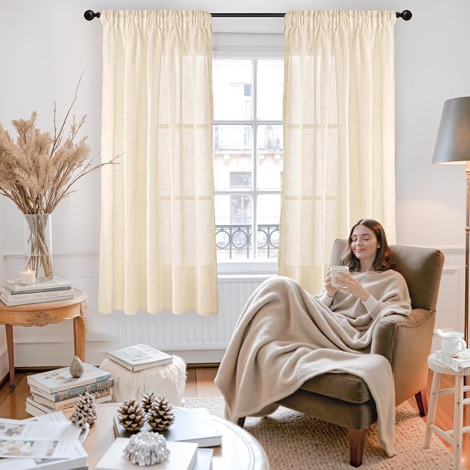 YoungsTex Linen Semi Sheer Curtains 63 Inch Length Cream Beige Drapes | Short Drapes with Back Tab Rod Pocket for Bedroom Living Room Window Light Filtering, 2 Panels, 52 X 63 Inch