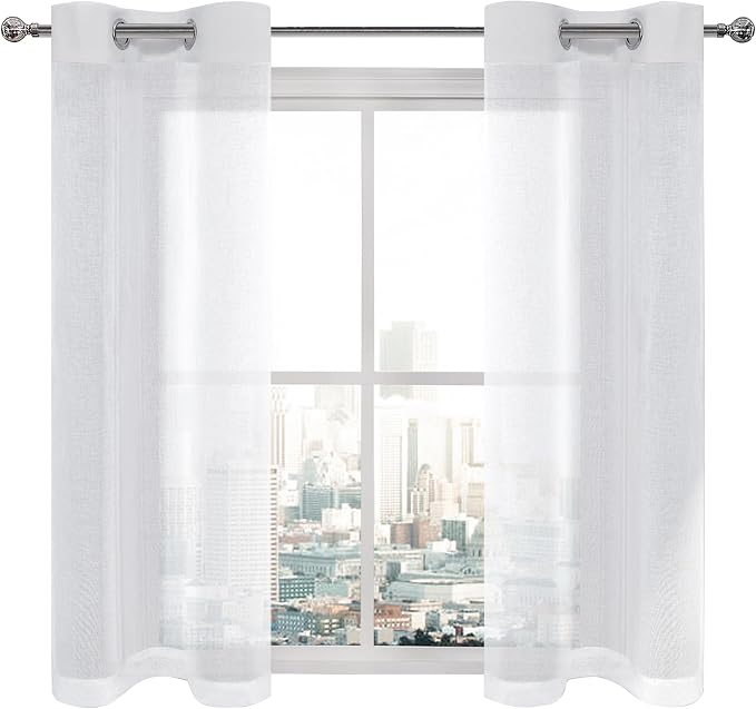 DWCN White Faux Linen Sheer Curtains - Grommet Top Voile Short Window Curtains Drapes 54 Inches Long, Solid Short Semi Sheer Curtains for Bedroom Living Room 28 x 54 inch Length Set of 2 Panels