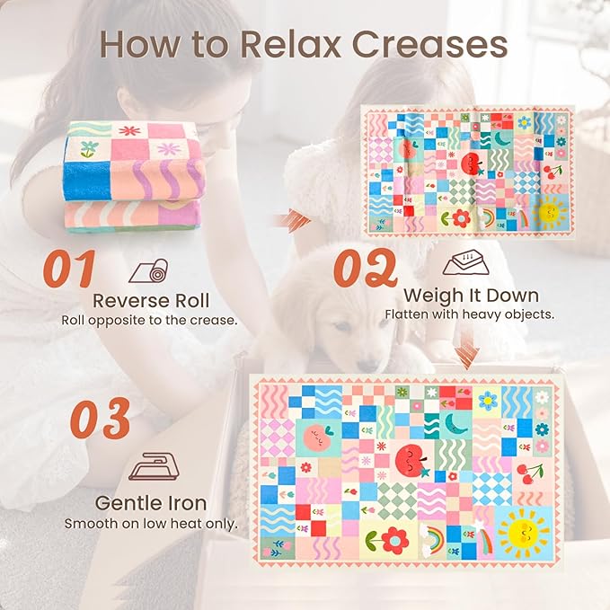 Washable Pink Area Rugs for Bedroom Girls, 3x4 Soft Checkered Playroom Carpet with Cute Sun & Rainbow Fruit Design, Non-Slip Decorative Floor Mat