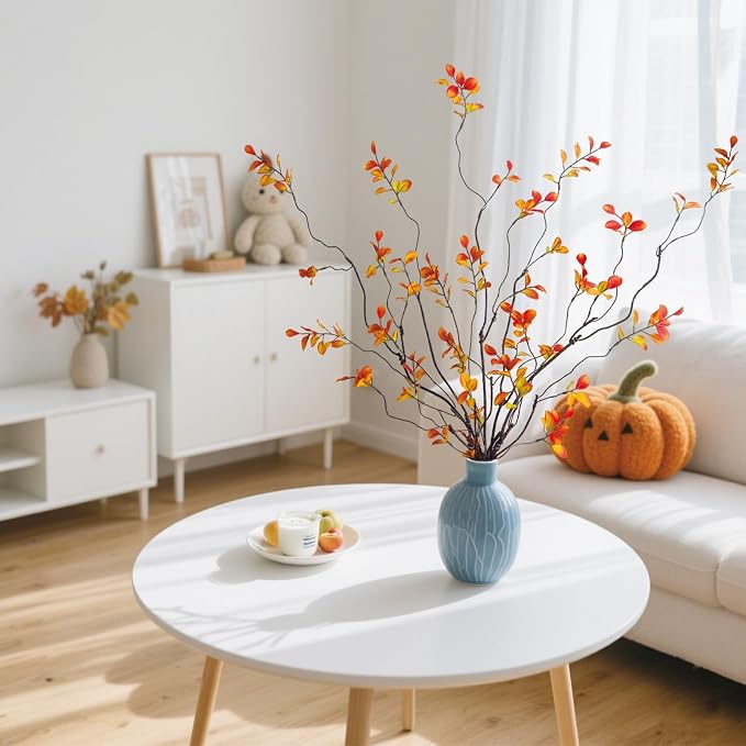 6 Pcs Fall Stems Artificial Ficus Branches, 47.2 Inch Faux Eucalyptus Stems Fall Decor, Fake Leaves Fall Decorations for Home, Autumn Table Decor Fall Branches for Vase Filler Centerpieces