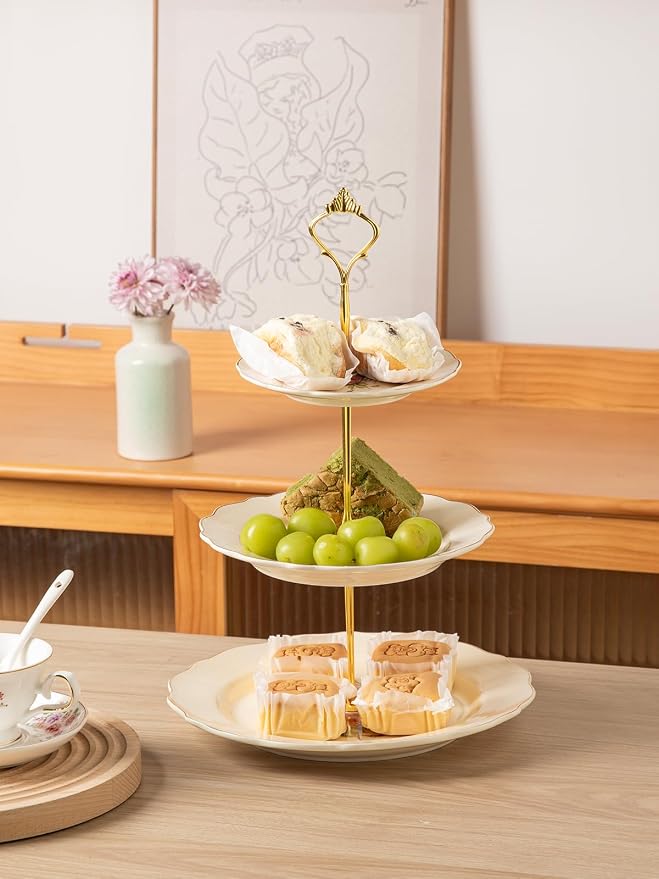 Sweejar 3 Tier Ceramic Cake Stand Wedding, Dessert Cupcake Stand for Tea Party Serving Platter(Flower Style)