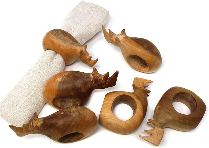 Global Crafts Handcarved Mahogany Wooden Napkin Ring Holders, Rhino, Set of 6 (KWF012_R)