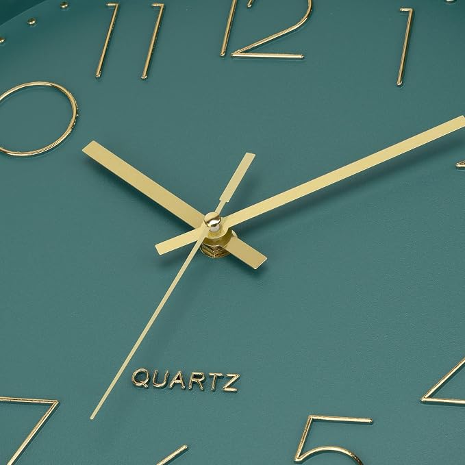 Foxtop 12" Modern Wall Clock Silent Battery Operated Metal Gold Clock | Dark Green Dial, Non-Ticking, Round, Analog Clock, Quartz, Easy to Read, Living Room, Bedroom, Kitchen, Office