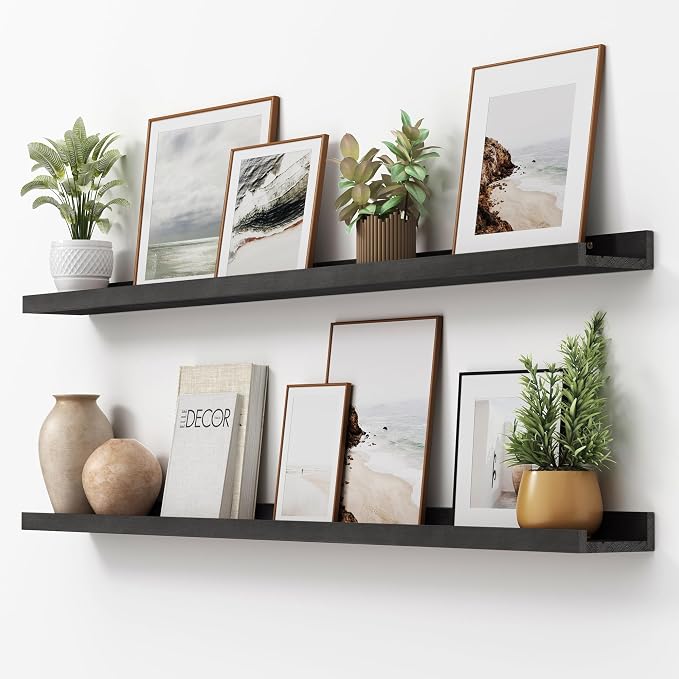 FLYJOE Picture Ledge Shelf, Floating Shelves Set of 2, Solid Pine Wood 55'' Long Large Nursery Book Shelves for Toys Storage, Kids Bookshelf for Living Room Bedroom Decor Books Photo Frames, Black